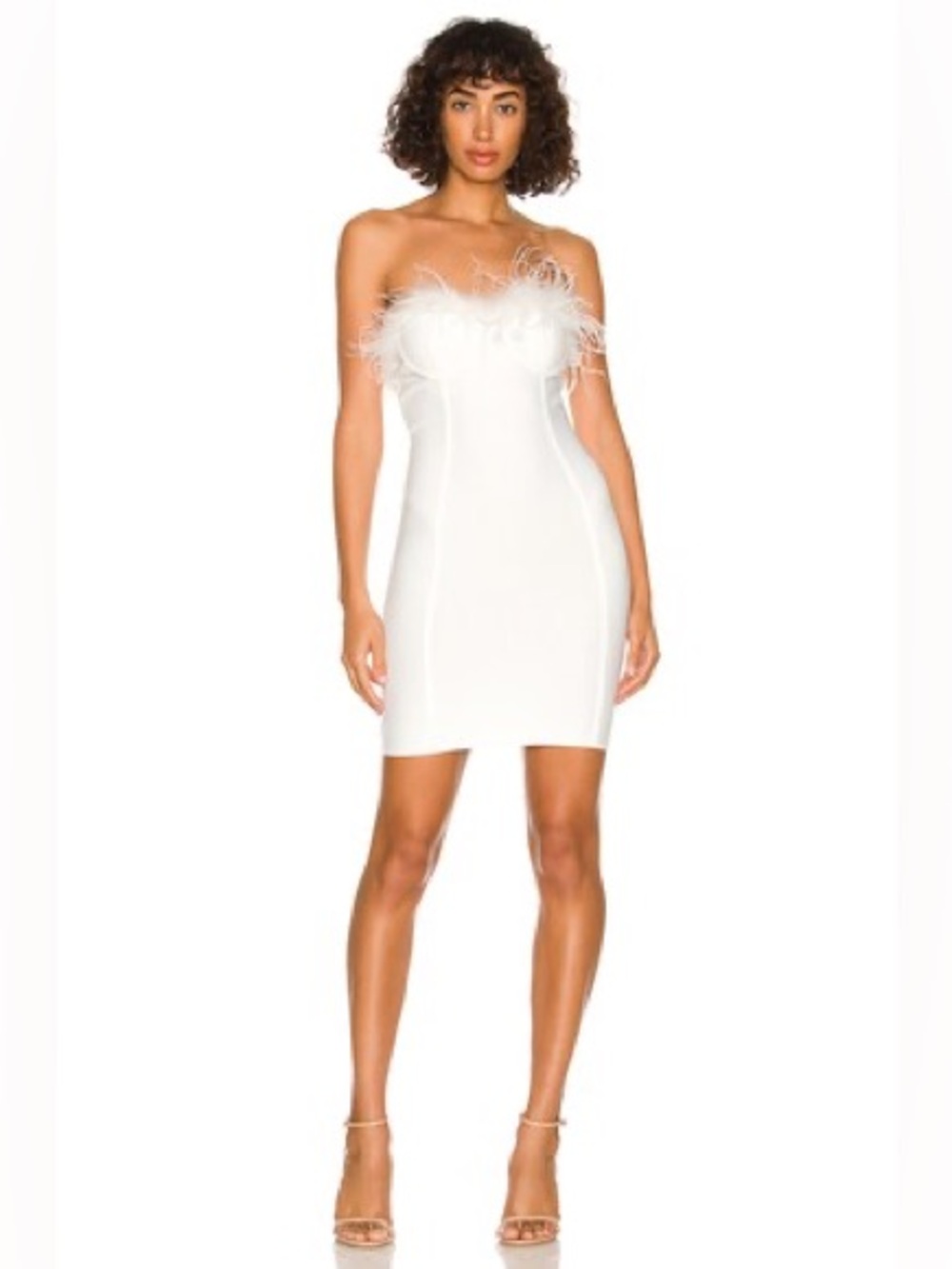 Superdown Ramona Bustier Dress in White 
Strapless Feather-Trim White Mini Dress